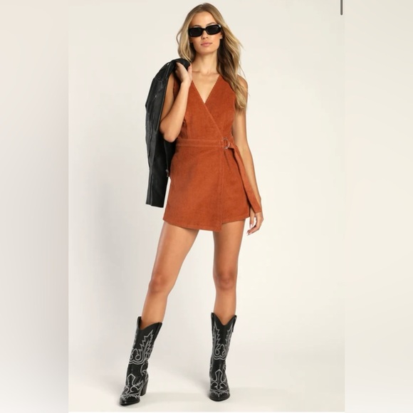 Lulus Dresses & Skirts - NWOT LULUS Absolutely Cute Rust Orange Corduroy Faux-Wrap Skort Romper